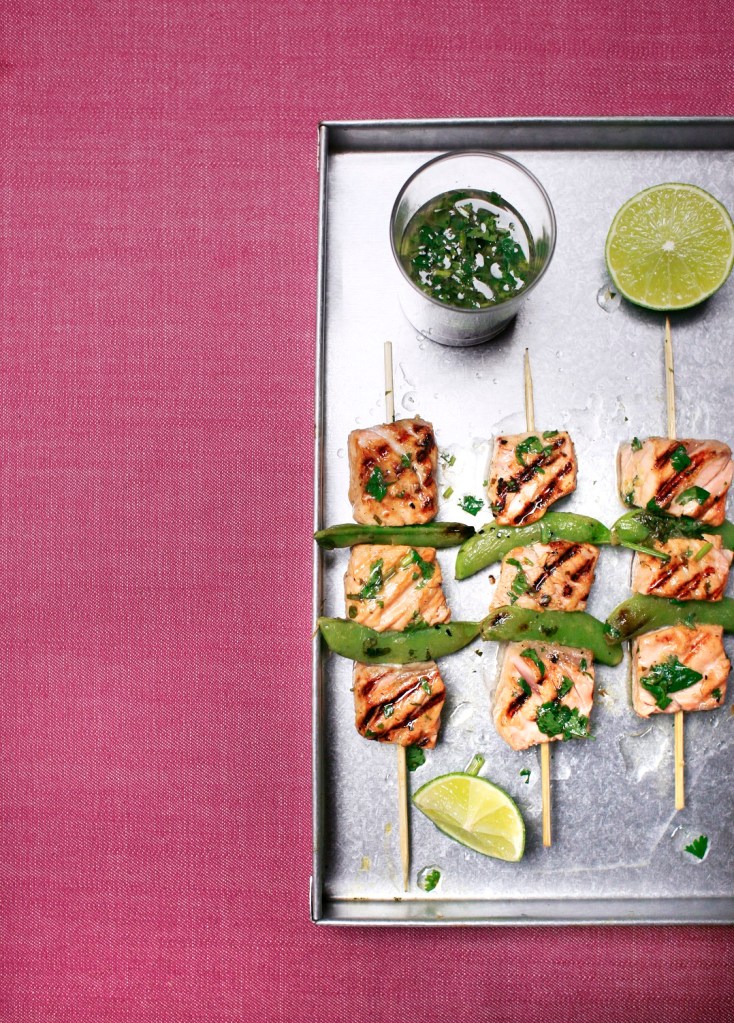 Laks, grillspyd, lime, koriander